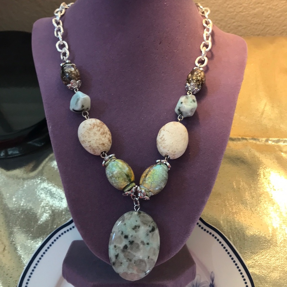 Vintage Stone Beaded Long Necklace Link Chain - Picture 2 of 7